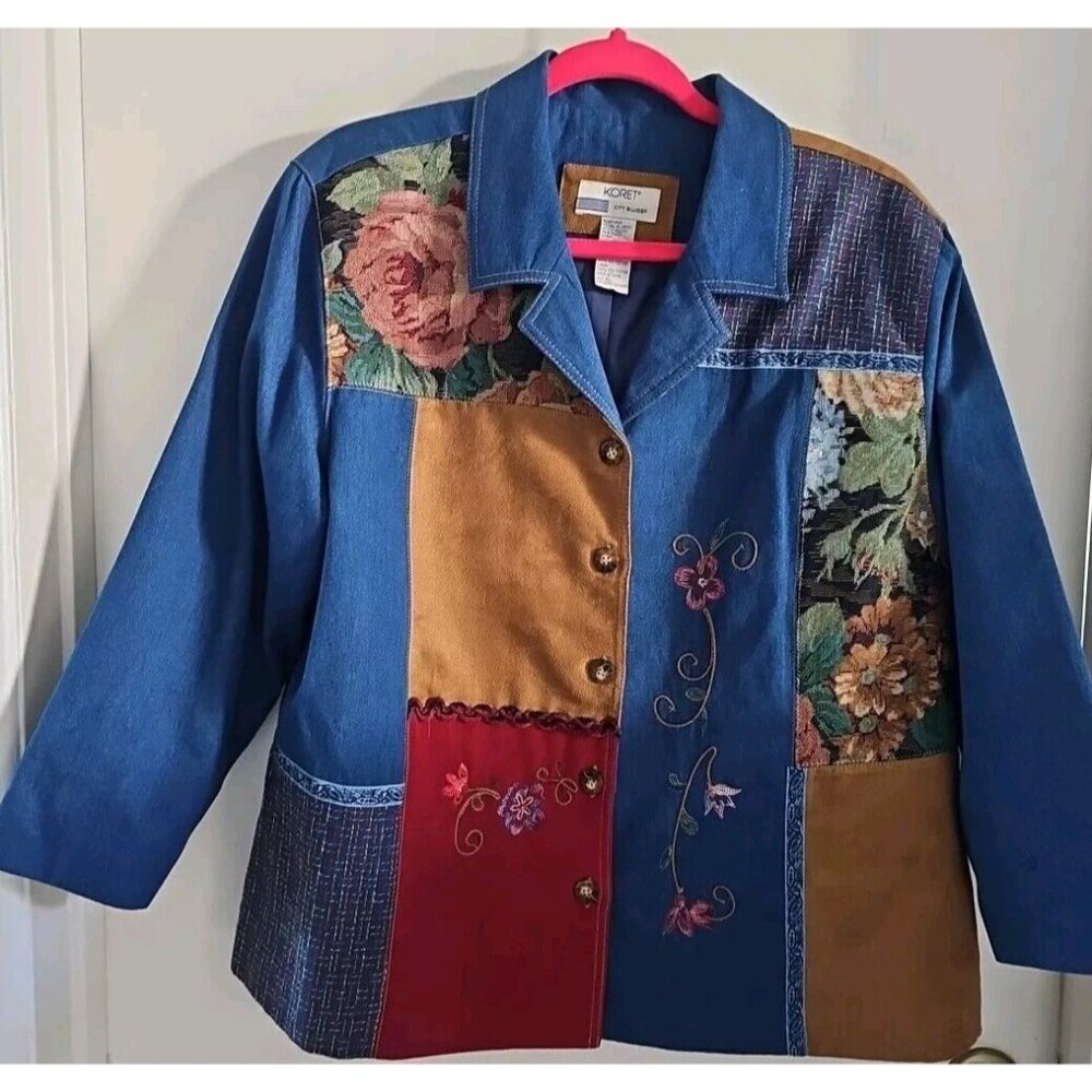 Koret City Blues Vtg Patchwork Tapestry Embroidered Denim Jacket Shaket Sz XL